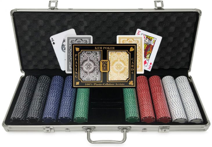 Kem Poker Chip Set: 500 11.5 Gram Card Suit  Chips, Black and Gold Kem Casino Decks in Aluminum Case main image